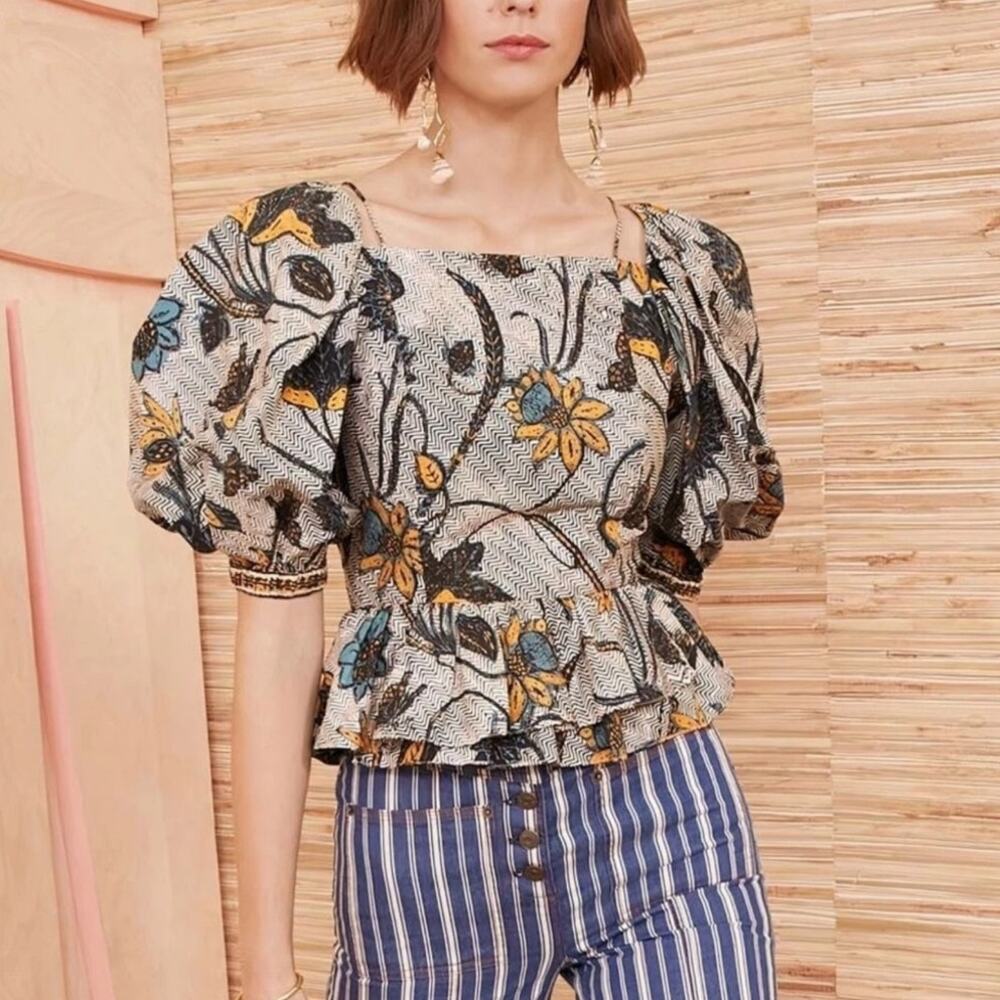 Ulla Johnson Carlotta‎ Blouse Puff Sleeve Cotton Portofino Print Size 14